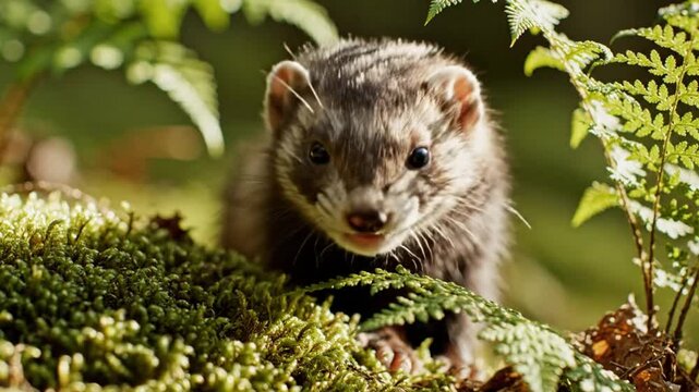 Cute ferret in natural habitat peering out from moss, fern and lush green plants in sunlight
