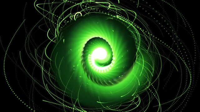 A seamless 3D motion graphic loop featuring a rotating quantum helix turbine in vibrant neon pink. Glowing geometric vortex elements spin on a dark background with floating stardust, perfect for tech 