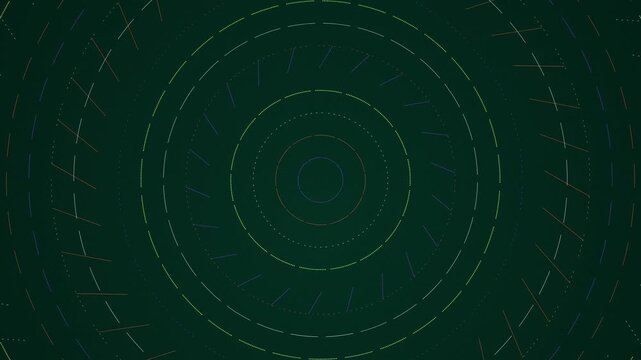 Concentric circles made of glowing dashed lines radiating across a dark deep green environment space