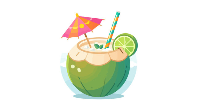 Refreshing Coconut Drink with Umbrella and Lime Slice - Tropical Beverage