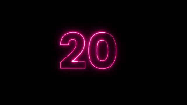 Neon glowing number twenty in three distinct vibrant color variations
