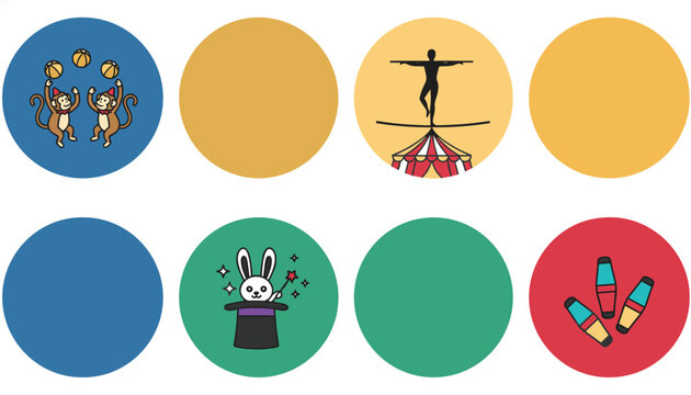 Circus performance icons and blank templates feature acrobats, magicians, juggling monkeys, and circus equipment.