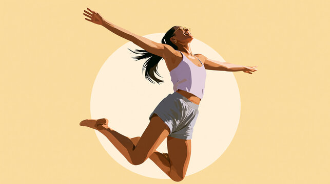 Springende Cartoon-Frau mit Zopf vor gelbem Hintergrund, dynamische Illustration f&uuml;r Sport und Lifestyle.