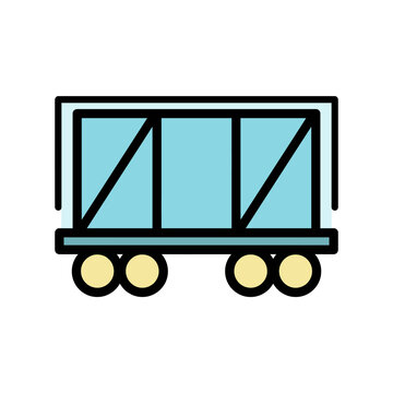 Flat outlined cargo train wagon vector icon, blue rail freight car illustration with wheels, minimal transport symbol for logistics apps and UI