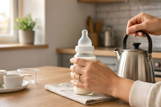 Hands Preparing Baby Formula Bottle in Kitchen 