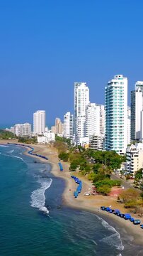 Aerial view of the coastline and modern skyscrapers in Cartagena, Colombia