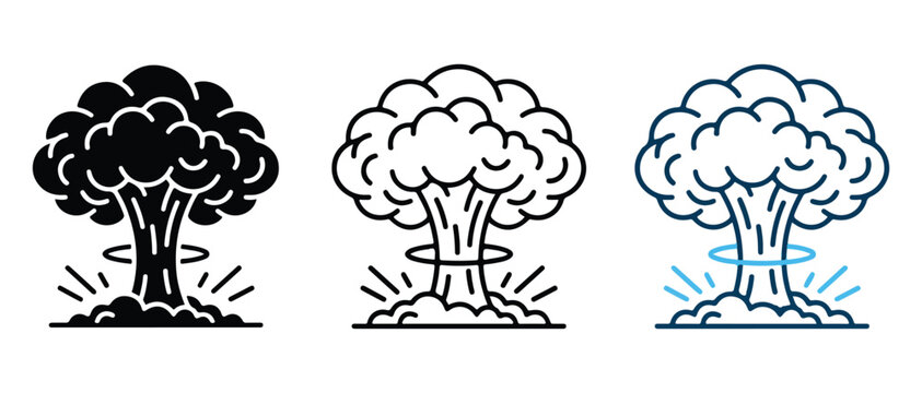 nuclear explosion mushroom clouds with different artistic styles and effects shown