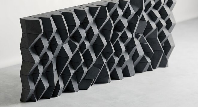 Parametric architectural wall with extruded folded bricks in matte charcoal gray