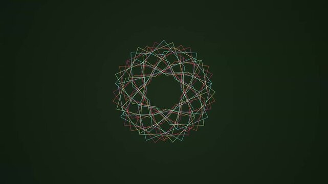 Colorful geometric circular line patterns rotate slowly over a dark deep forest green solid surface