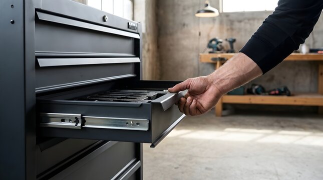 Man opening a black steel tool chest drawer in a professional workshop or garage setting