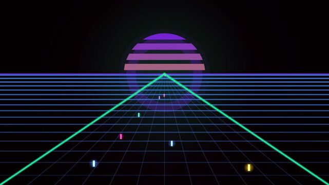 Retro digital landscape with geometric shapes and vibrant colors