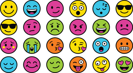 Fototapeta premium Colorful circular emoji sticker set with various facial expressions and vibrant hues for digital messaging and graphic design.