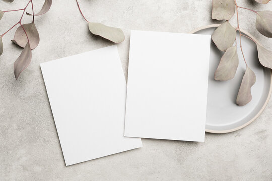 Blank white stationery sheets placed on a light gray surface with dried eucalyptus leaves and a round ceramic plate in a minimalistic arrangement