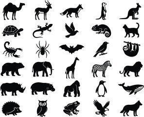 Fototapeta premium Wild Animals Silhouette Icon Set with Zoo Mammals Birds and Reptiles Shapes for Educational Graphics Nature Branding and Conservation Media Designs
