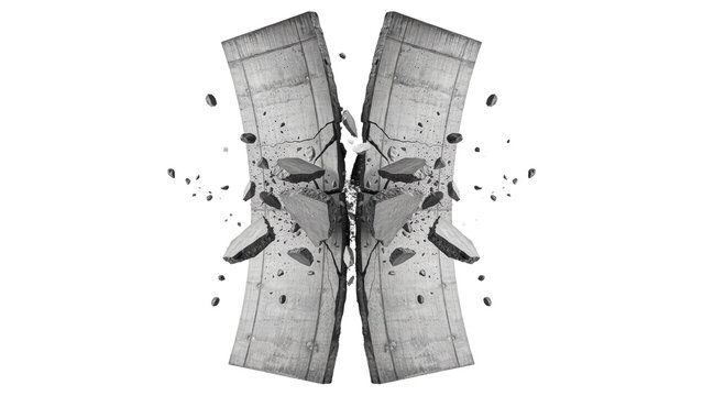 Two vertical concrete wall sections breaking apart with flying debris and stone fragments in the center area isolated on a transparent background