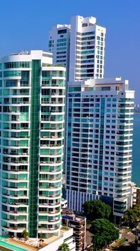 Modern residential skyscrapers in Cartagena, Colombia, overlooking the Caribbean Sea