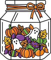Fototapeta premium Halloween Gift Basket Filled with Pumpkins Candy and Ghosts