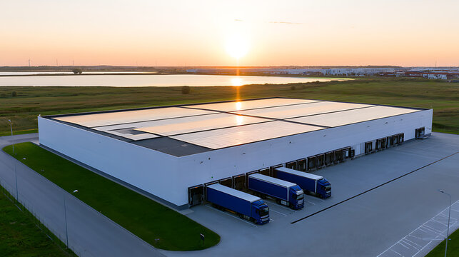 Aerial view of large logistics warehouse with solar panels on roof and delivery trucks parked at loading docks during bright sunrise sky