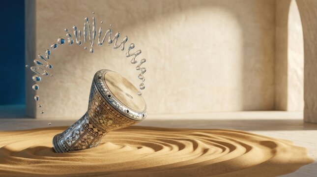Surreal photography of an ornate darbuka drum in rippled desert sand with floating water droplets