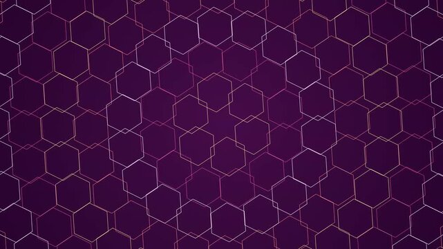 Elegant golden geometric hexagon pattern structures set against a deep rich violet purple gradient surface