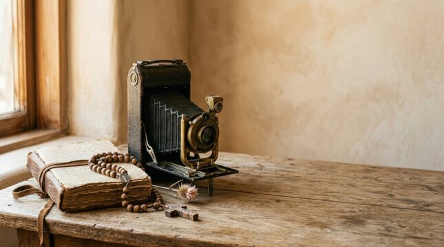 Vintage Antique Bellows Camera with Old Holy Book and Wooden Rosary on Rustic Table - Faith and Spirituality Photography with Copyspace