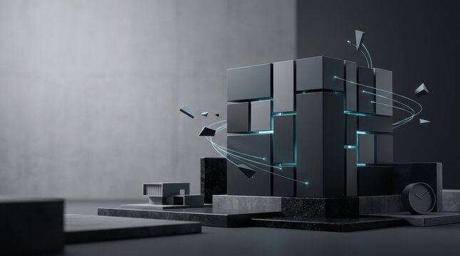 Conceptual digital art featuring a complex geometric cube with glowing blue energy lines, creating a storytelling narrative about technology, architecture, and temporal systems.