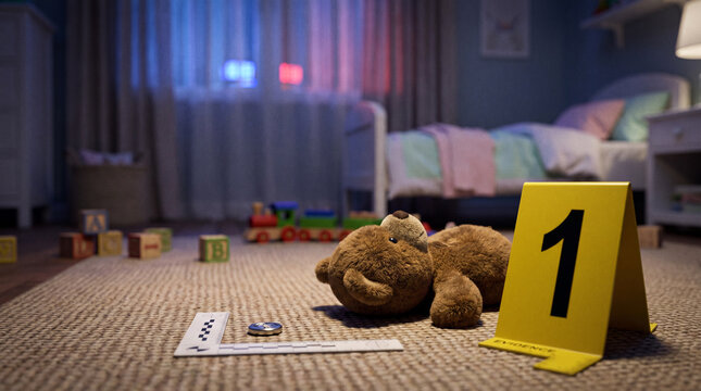 Forensic crime scene in a child&rsquo;s bedroom with a teddy bear, evidence marker and trace evidence on the carpet, investigating a suspected crime involving a child