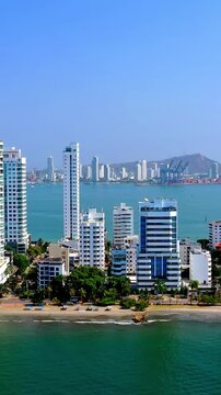 Aerial view of the modern skyline and coastline of Cartagena, Colombia