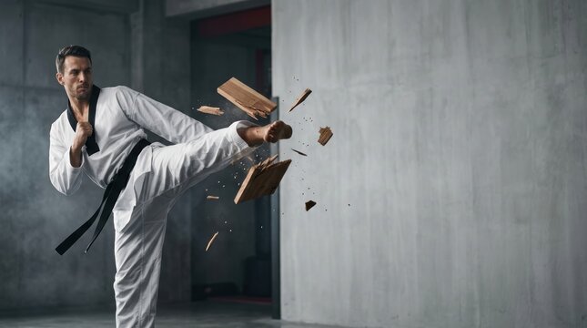Powerful martial artist in white dobok performing a high kick breaking a wooden board in mid-air, conceptual storytelling narrative of strength and discipline.
