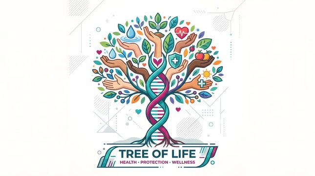 Colorful tree of life with dna helix and diverse hands illustration