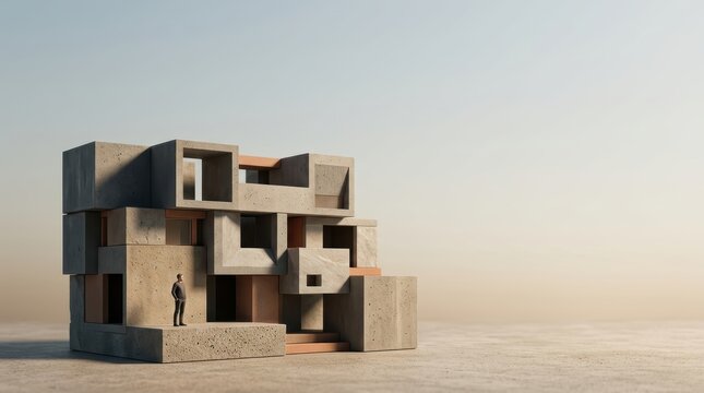 Conceptual storytelling and narrative architectural design featuring a lone man standing by a modular concrete structure in a minimalist desert landscape