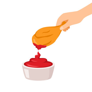 Hand put crispy fried chicken to tomato sauce concept in flat design illustration vector