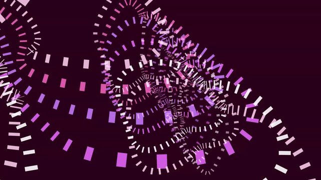 Flowing streams of glowing purple and pink rectangles forming energetic vortex patterns in dark space