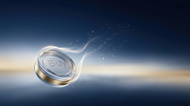Surreal photography of a metallic buy button flying through a glowing digital space with a trail of particles representing fast commerce and trading.