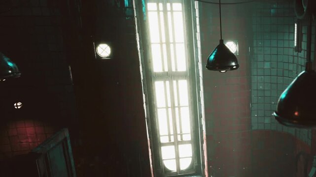 Sunlight streams through a large window in a room filled with tiled walls. A black lamp hangs from the ceiling while dust particles float in the light stream.