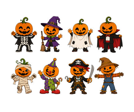 Playful Halloween pumpkin characters in festive costumes including witch, mummy, clown and vampire design