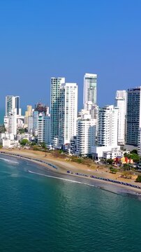 Aerial view of the modern skyline and beach in Cartagena, Colombia