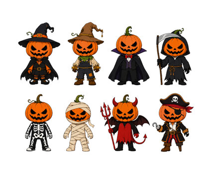 Halloween pumpkin characters dressed as witches, vampires, mummies and pirates in a spooky vector costume designs