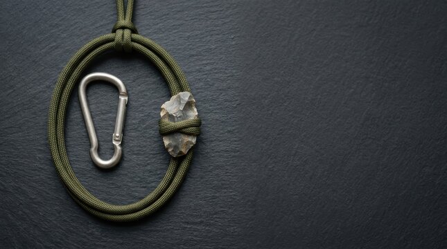 Conceptual narrative storytelling image of tool evolution featuring a primitive flint stone and a modern metal carabiner with paracord on a dark slate background.