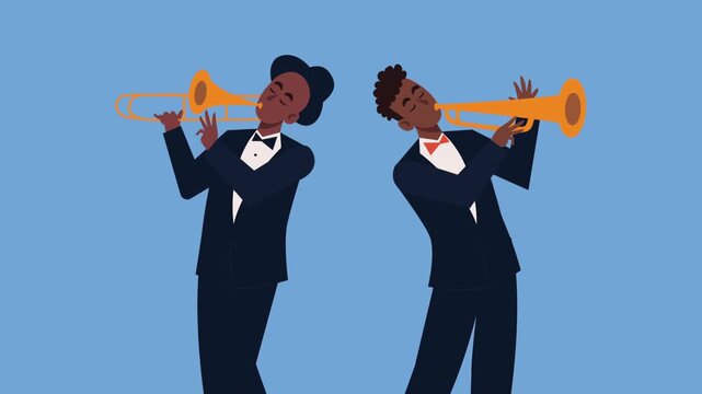Two african american male musicians performing jazz music with trombone and trumpet dynamic motion footage.