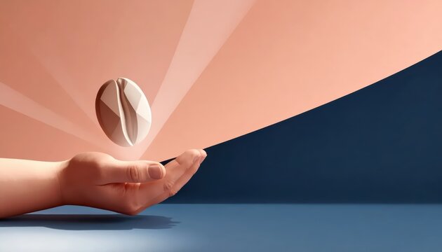 Abstract Conceptual Illustration of a Hand Holding a Glowing White Coffee Bean on a Minimalist Background with Ample Copy Space