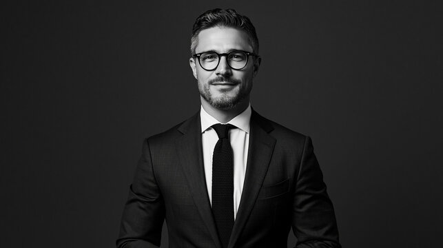 Schwarz-wei&szlig; Portr&auml;t eines ernsten Gesch&auml;ftsmannes mit Brille, Anzug und Krawatte, seri&ouml;ser Blick f&uuml;r Business- und Finanzthemen.