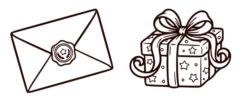 Hand-drawn sealed envelope and gift box isolated vector line art set
