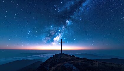 Fototapeta premium Silhouette of a Christian cross on a mountain peak under a vibrant Milky Way galaxy and starry night sky with ample copy space for text.
