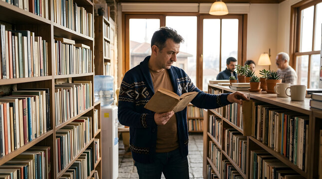 Man Browsing Bookshelves in Independent Bookstore 