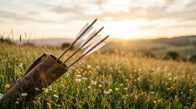 Traditional leather quiver with arrows in a sunlit meadow of wildflowers, faith and spirituality photography with copyspace.