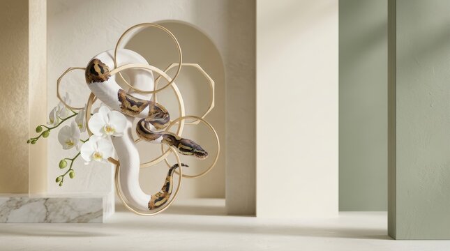 Surreal photography of a pied ball python snake coiled around floating golden rings with white orchid flowers in a minimalist architectural space.