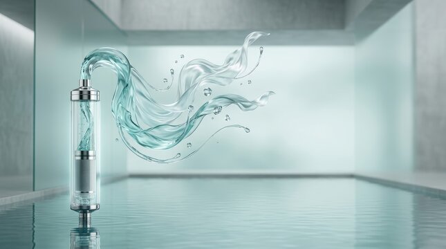 Surreal photography of a futuristic glass water filtration device with a flowing liquid splash inside a minimalist modern laboratory