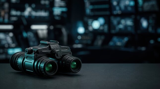Futuristic Night Vision Goggles on a Console in a Dark Command Center; Conceptual Storytelling Narrative of Military Intelligence and Surveillance