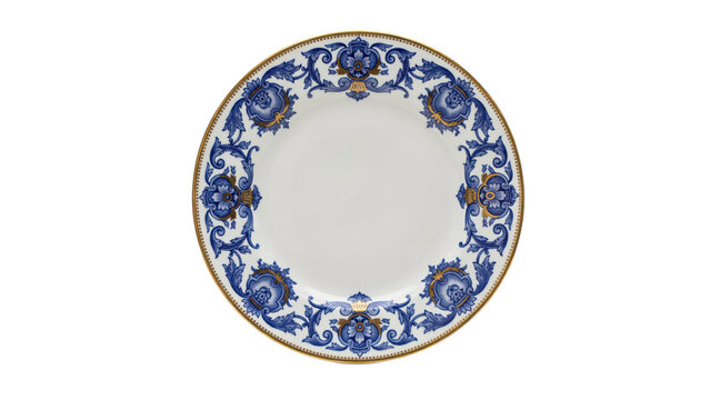 White porcelain dinner plate with ornate blue floral scrollwork and gold rim detail isolated on a transparent background
